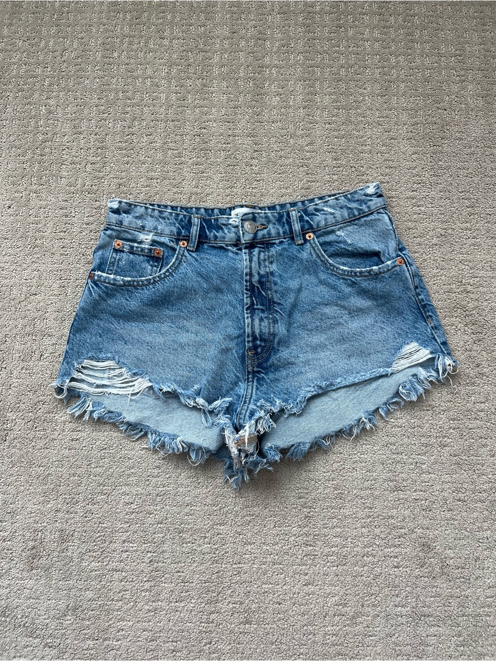 Zara Blue Distressed High-Waist Denim Shorts